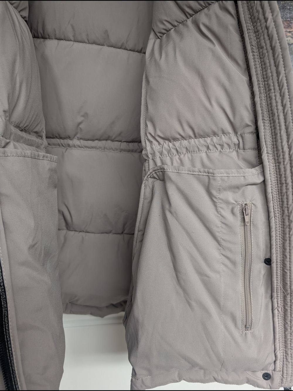 DKNY Taupe Hooded Puffer Jacket Coat Medium | Adjustable Waist Winter Parka - Picture 7 of 12